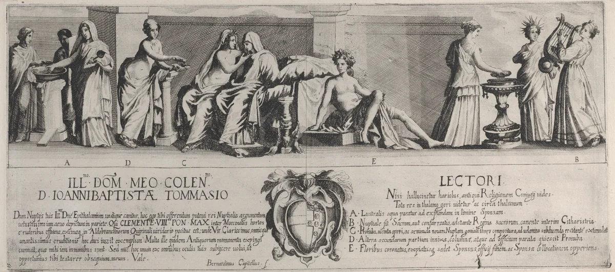 A Marriage Ceremony, after an antique painting in the possession of the Aldobrandini by Bernardino Capitelli, print, 1610-1639