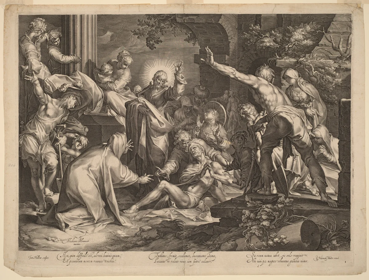 The Raising of Lazarus by Jan Muller, print, 1595-1605