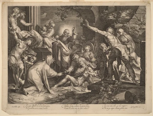 The Raising of Lazarus by Jan Muller, print, 1595-1605
