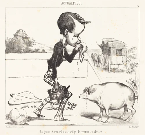 Le Jeune Estancelin est obligé de rentrer en classe! by Honoré Daumier, print, 1849
