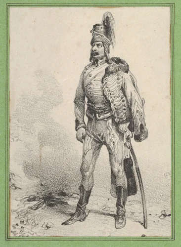 Standing soldier with his jacket on one shoulder by Victor Adam, print, 1820-1866
