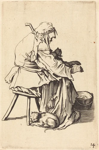 Old Woman with Cats by Jacques Callot, print, 1622-1699