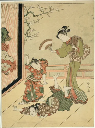 The Wrestling Match (parody of Ushikawamaru and Benkei) by Suzuki Harunobu (鈴木春信), print, 1762-1770
