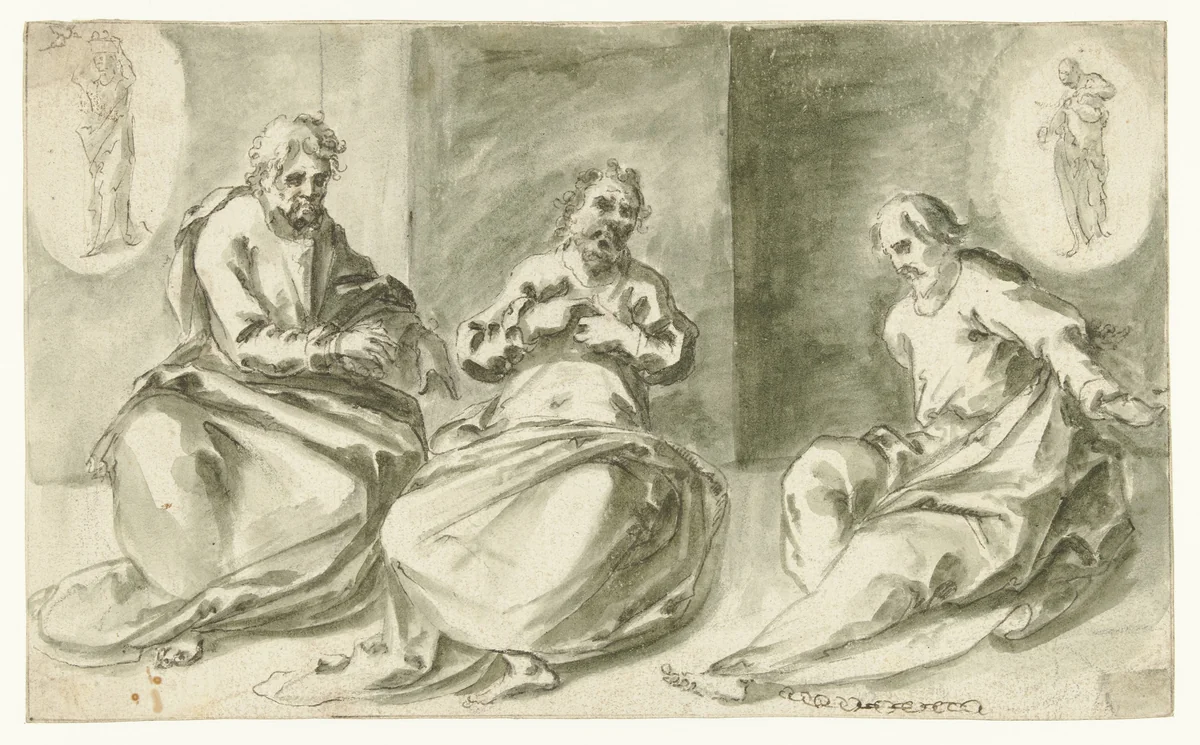 Jozef in de gevangenis met de bakker en de schenker by Unknown, drawing, 1575-1600