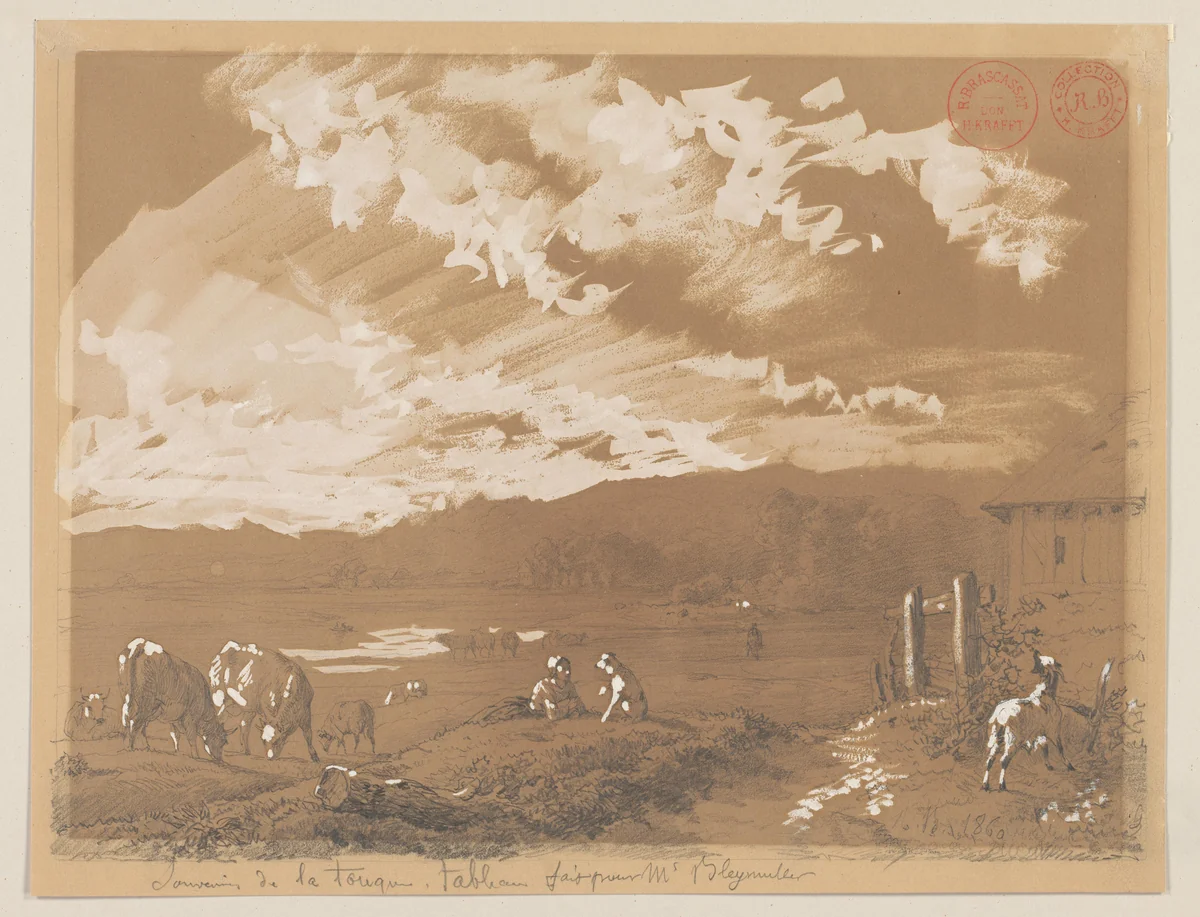 Landschap met vrouw en hond by Jacques Raymond Brascassat, drawing, 1860