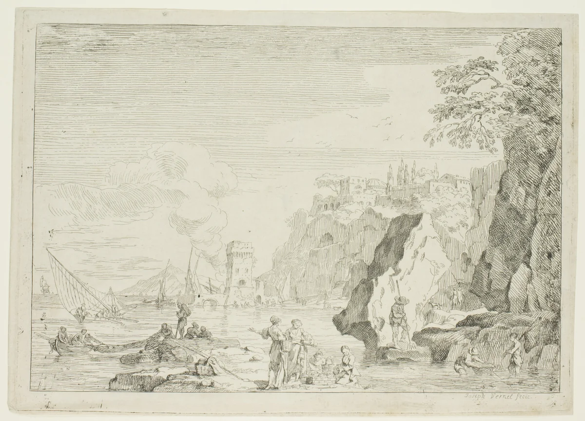 The Beach with the Large Tower by Claude Joseph Vernet, print, 1734-1752