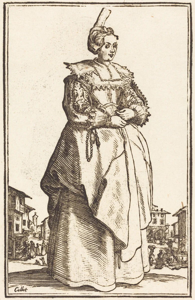 Noble Woman with a Small Hat by Jacques Callot, print, 1623-1699