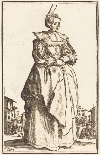 Noble Woman with a Small Hat by Jacques Callot, print, 1623-1699
