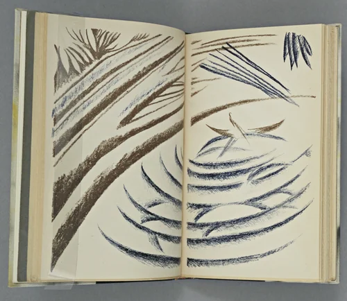 Double page plate (between pages 28 and 29) from Vertogradari Nad Lozami (Gardeners over the Vines) by Natalia Goncharova, illustrated book, 1913