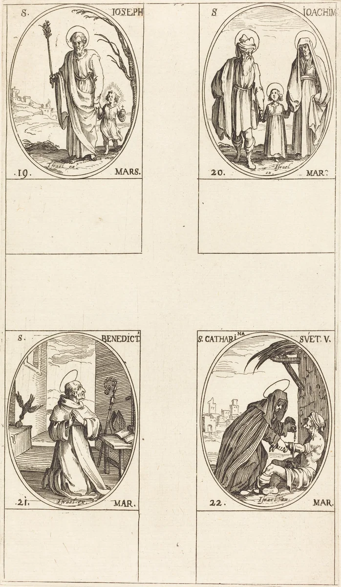 St. Joseph; St. Joachim; St. Benedict, Abbot; St. Catharine of Sweden by Jacques Callot, print, 1627-1637
