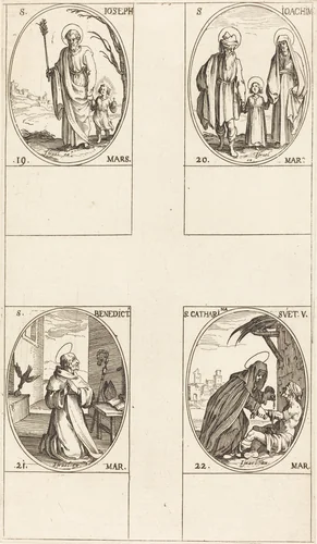 St. Joseph; St. Joachim; St. Benedict, Abbot; St. Catharine of Sweden by Jacques Callot, print, 1627-1637