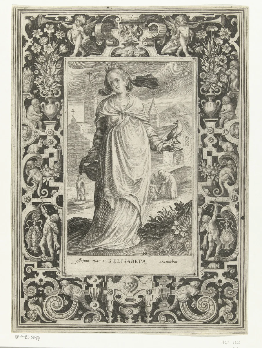 Heilige Elisabet van Hongarije met kruik en vogel in omlijsting met ornamenten by Unknown, print, 1581-1656