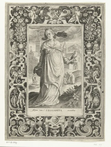 Heilige Elisabet van Hongarije met kruik en vogel in omlijsting met ornamenten by Unknown, print, 1581-1656