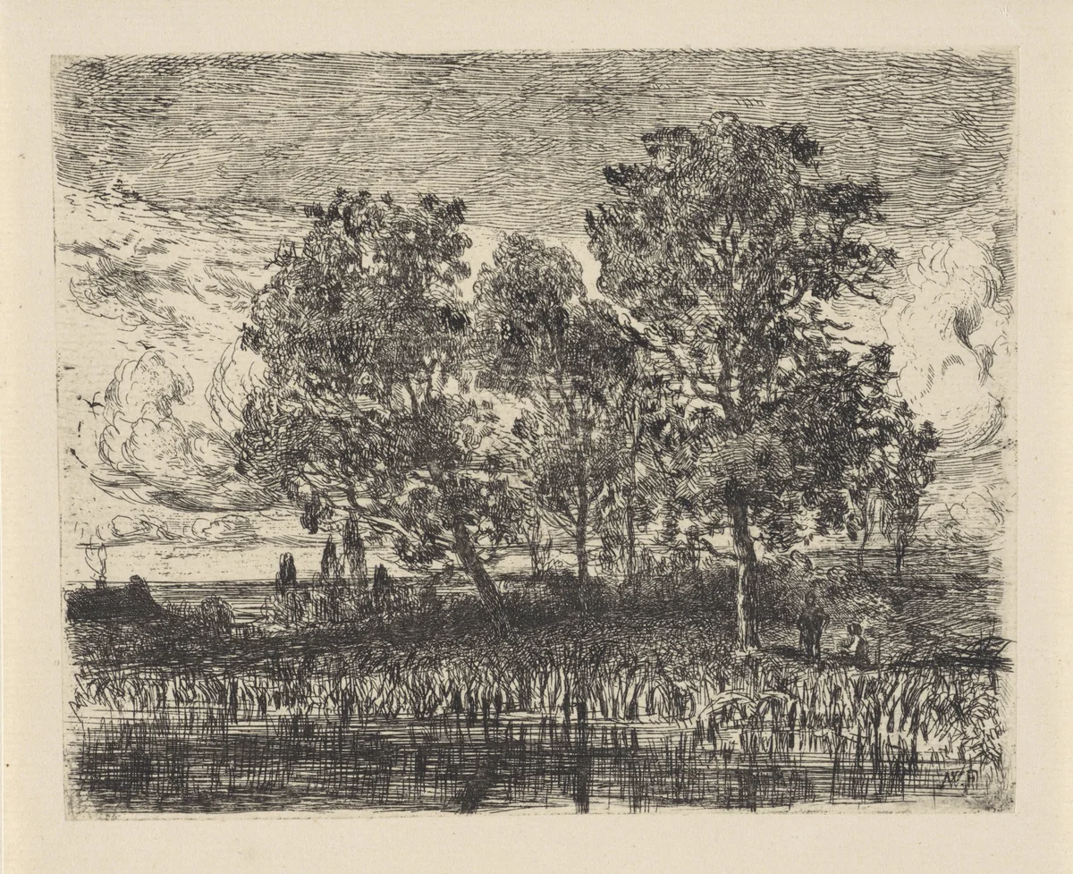 Drie bomen aan een oever by Augustinus Jacobus Bernardus Wouters, print, 1839-1885