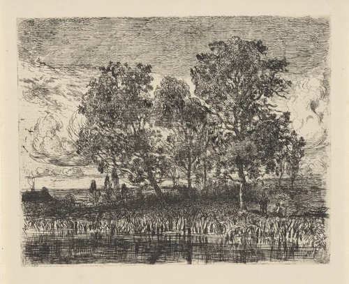 Drie bomen aan een oever by Augustinus Jacobus Bernardus Wouters, print, 1839-1885