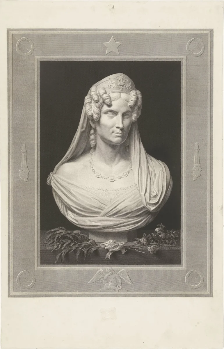 Buste van Wilhelmina van Pruisen by Henricus Wilhelmus Couwenberg, print, 1838-1840
