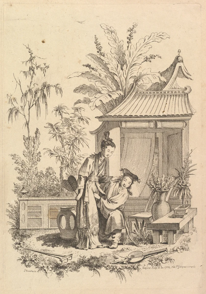 Chinoiserie scene with figures in a landscape by Gabriel Huquier, print, 1720-1772