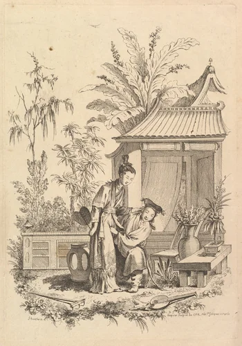 Chinoiserie scene with figures in a landscape by Gabriel Huquier, print, 1720-1772