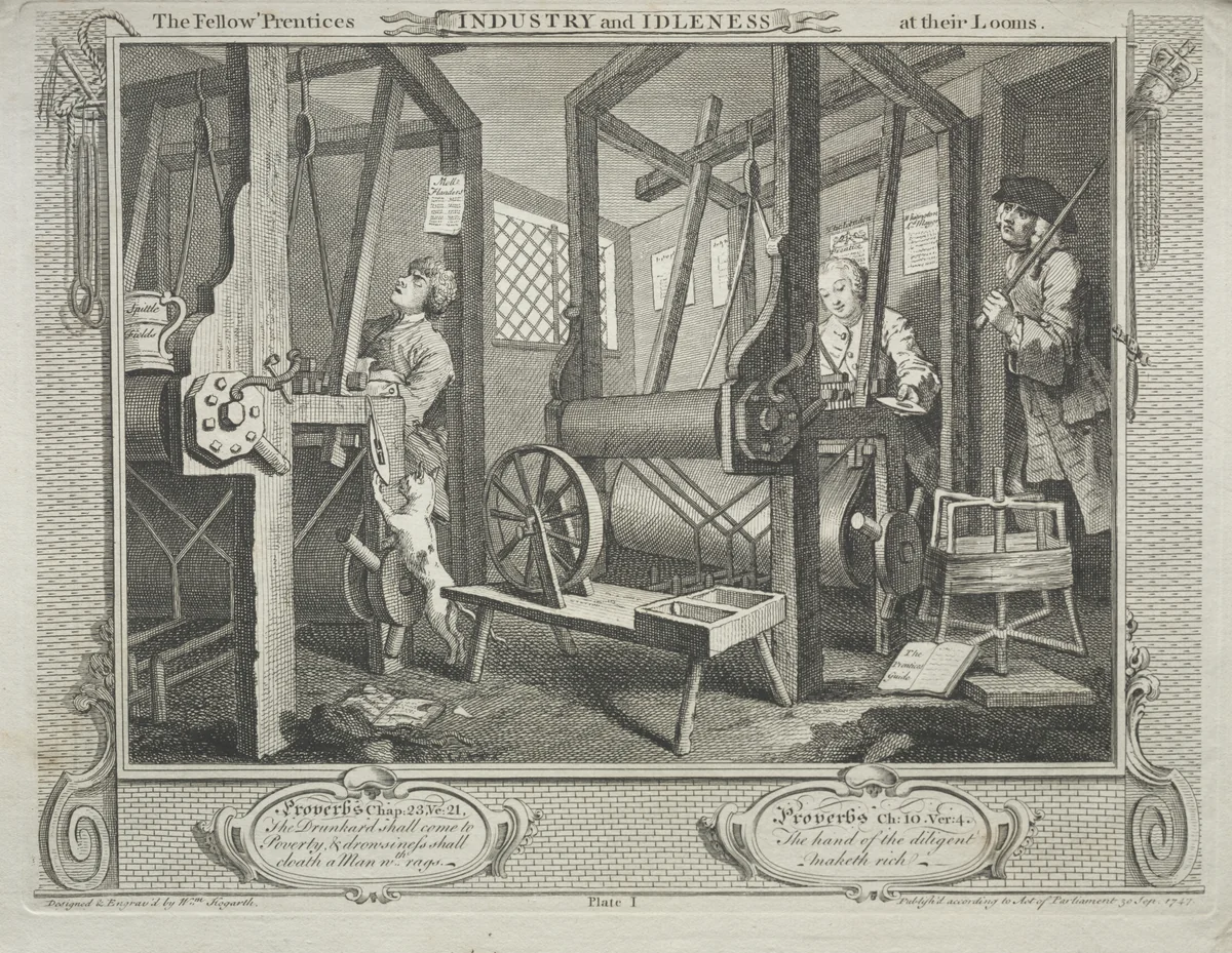 Industry and Idleness: The Fellow Prentices at their Looms by William Hogarth, print, 1747
