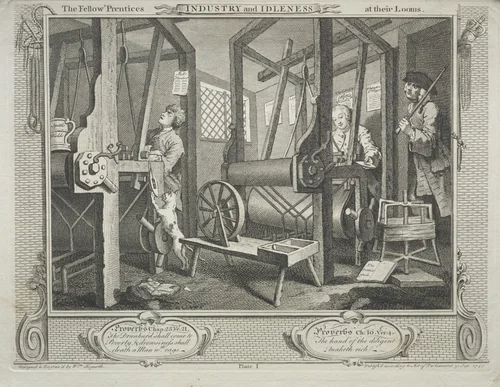 Industry and Idleness: The Fellow Prentices at their Looms by William Hogarth, print, 1747