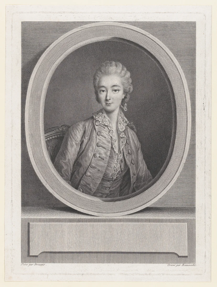 Portrait of Madame du Barry, after Drouais by Jacques Firmin Beauvarlet, print, 1760-1790