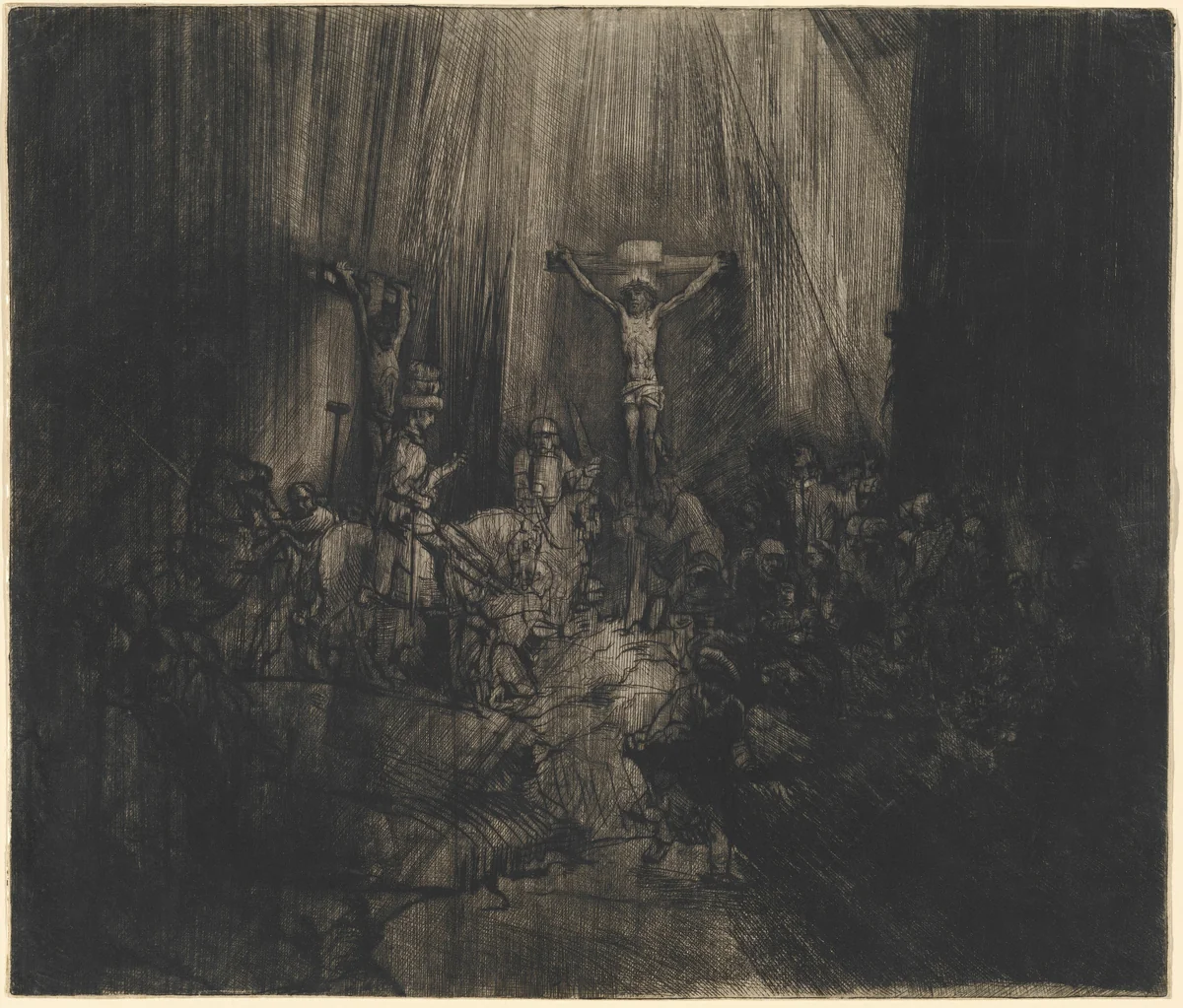 Christ Crucified between the Two Thieves (The Three Crosses) by Rembrandt van Rijn, print, 1653