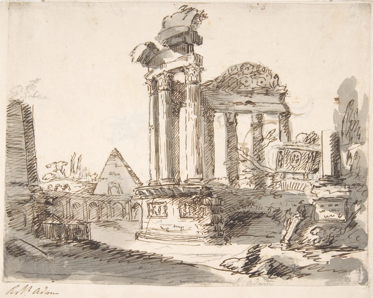 Classical Landscape with Ruins (recto); Two men in Roman military dress (verso) by Robert Adam, drawing, 1755-1757