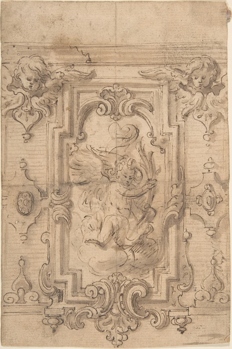 Wall Design with Flying Putto by anonymous, drawing, 1600-1799