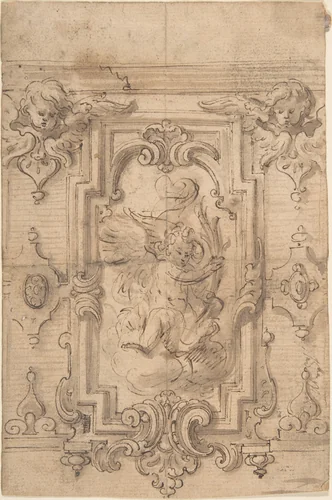 Wall Design with Flying Putto by anonymous, drawing, 1600-1799
