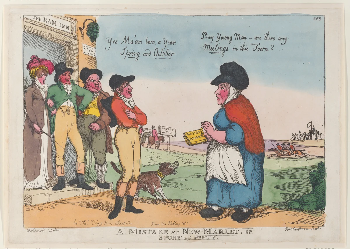 A Mistake at New Market, or Sport and Piety by Thomas Rowlandson, print, 1807