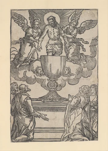 The Triumph of the Eucharist, Christ as the Man of Sorrows supported by two angels standing in a chalice by anonymous, print, 1545-1555