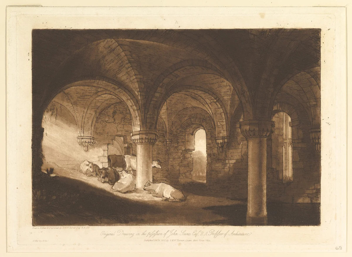 Crypt of Kirkstall Abbey (Liber Studiorum, part VIII, plate 39) by Joseph Turner, print, 1812