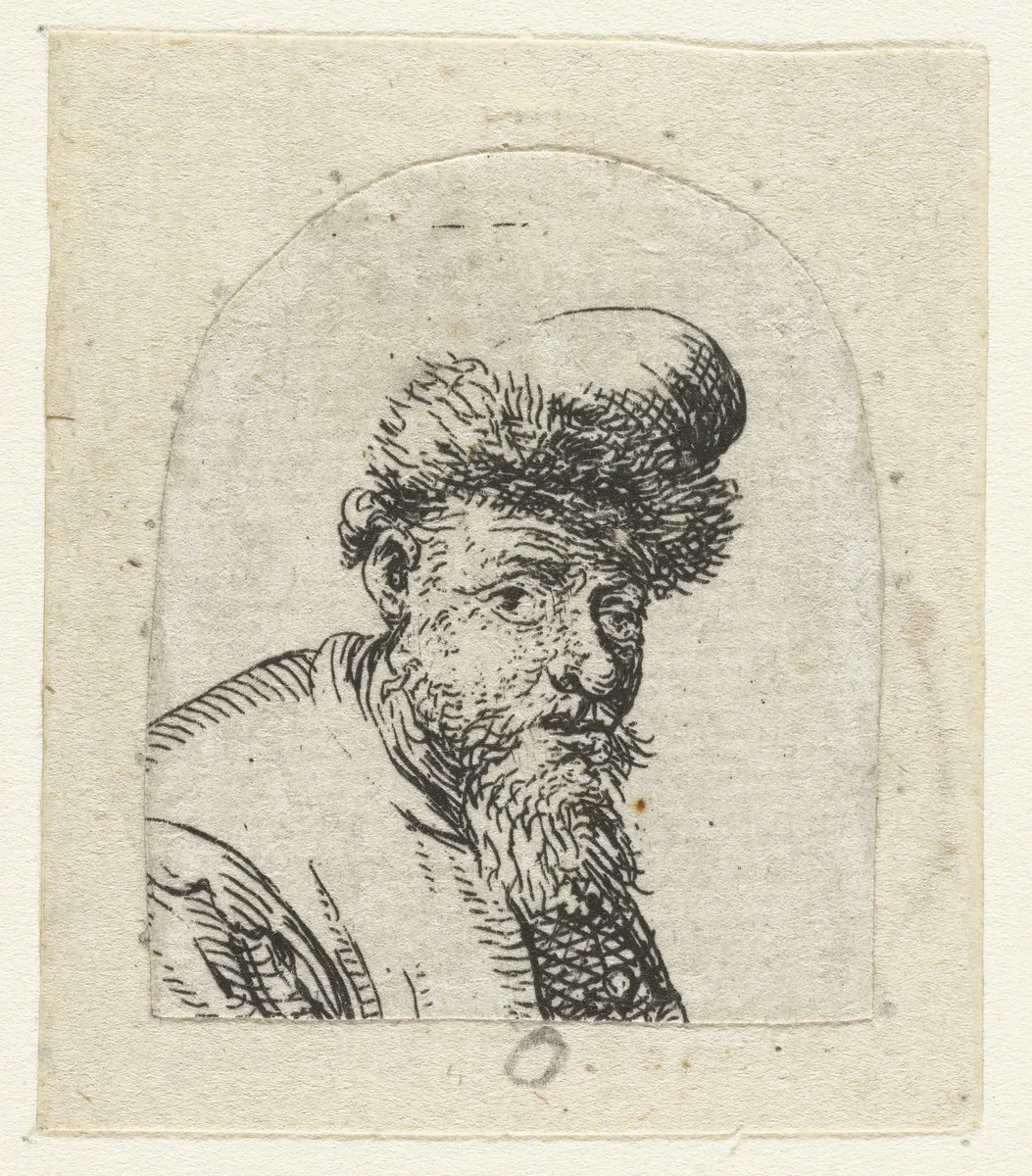 Buste van een man met bontmuts by anonymous, print, 1630-1700