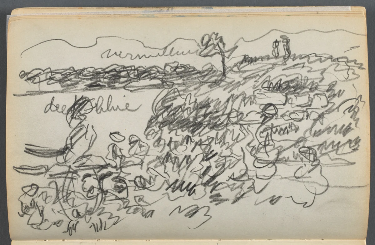 Sketchbook- The Granite Shore Hotel, Rockport, page 038: Harbor View with Color Notations by Maurice Prendergast, book, 1905-1910