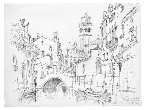 Canale dei Agni Santi, Campo San Sebastiano, Venice by Andrew Fisher Bunner, artwork, 1885