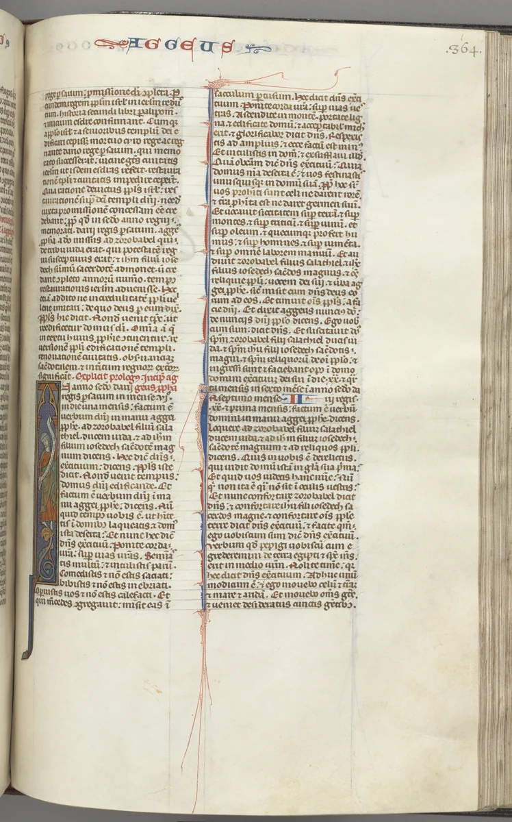 Fol. 364r, Haggai, historiated initial I, Haggai with a scroll standing on a hybrid by Unknown, book, 1270-1300
