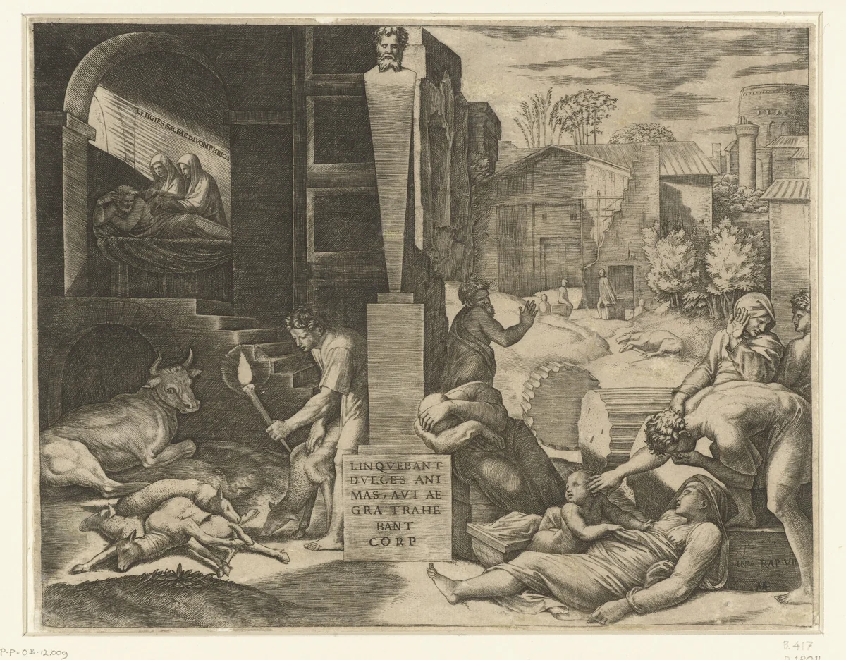 Pest bij de Trojanen op Kreta en droom van Aeneas by Unknown, print, 1515-1516