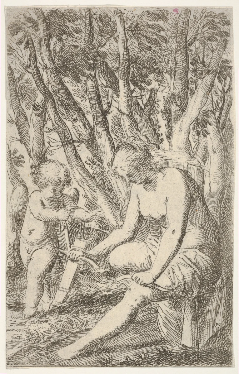 Venus breaking Cupid's bow over her knee, from "Sport of Love" (Scherzi d'amore) by Odoardo Fialetti, print, 1617