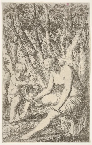 Venus breaking Cupid's bow over her knee, from "Sport of Love" (Scherzi d'amore) by Odoardo Fialetti, print, 1617