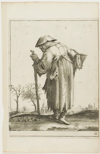 Marching Beggar Woman with a Basket, from T is al verwart-gaern (It's already confusing) by Pieter Jansz Quast, print, 1634-1638