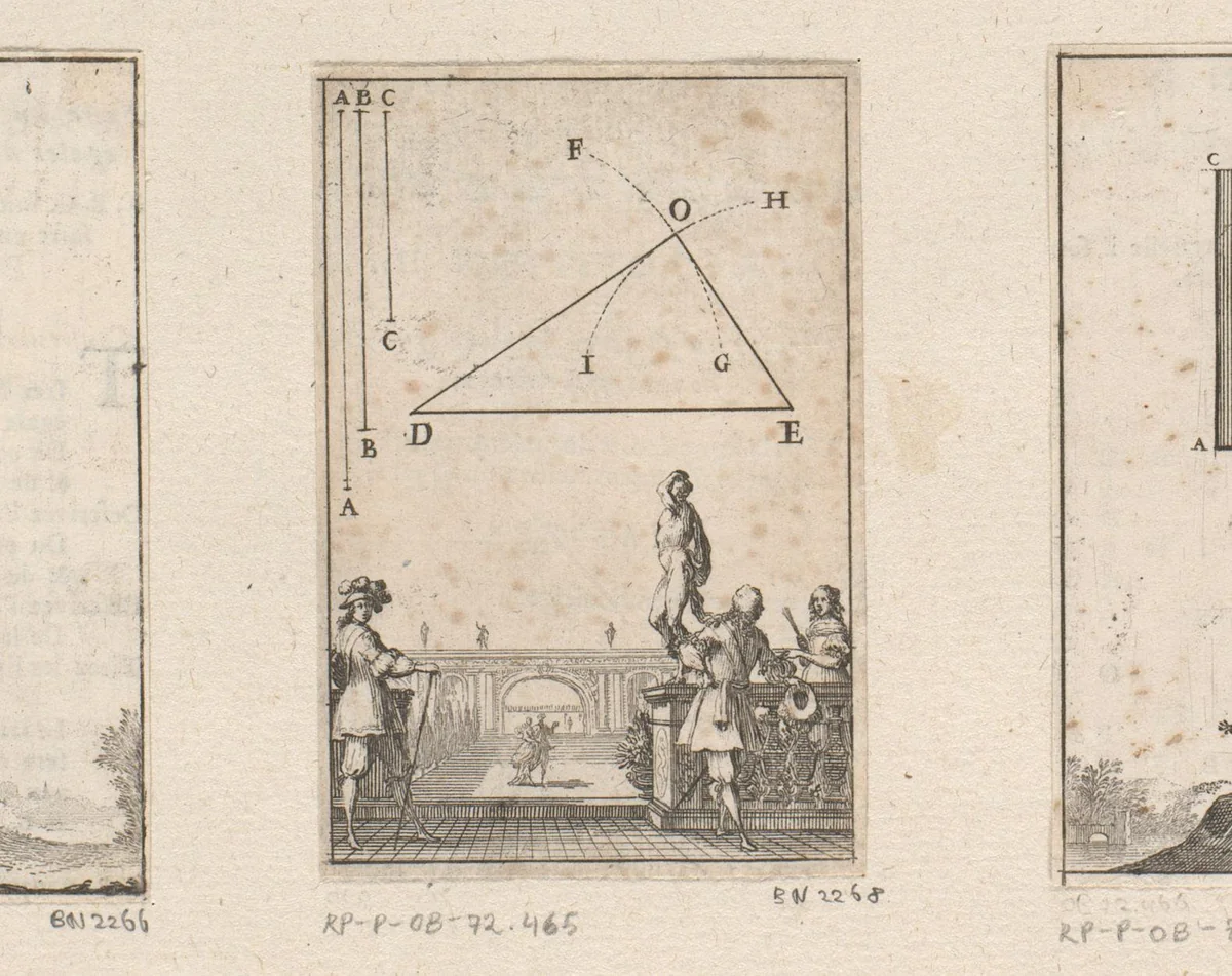 Driehoek met mannen op het terras van een architecturale tuin by Sébastien Leclerc, print, 1669