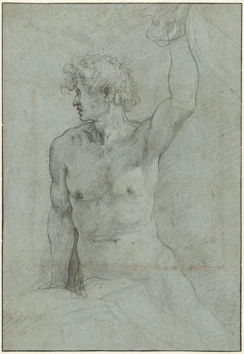 Naaktstudie van zittende jongeman by Giuseppe Cesari, drawing, 1578-1640
