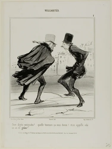 “Eleven degrees centigrade! Look at how it makes you look! And this is called the year of grace!,” plate 1 from Vulgarités by Honoré-Victorin Daumier, print, 1841