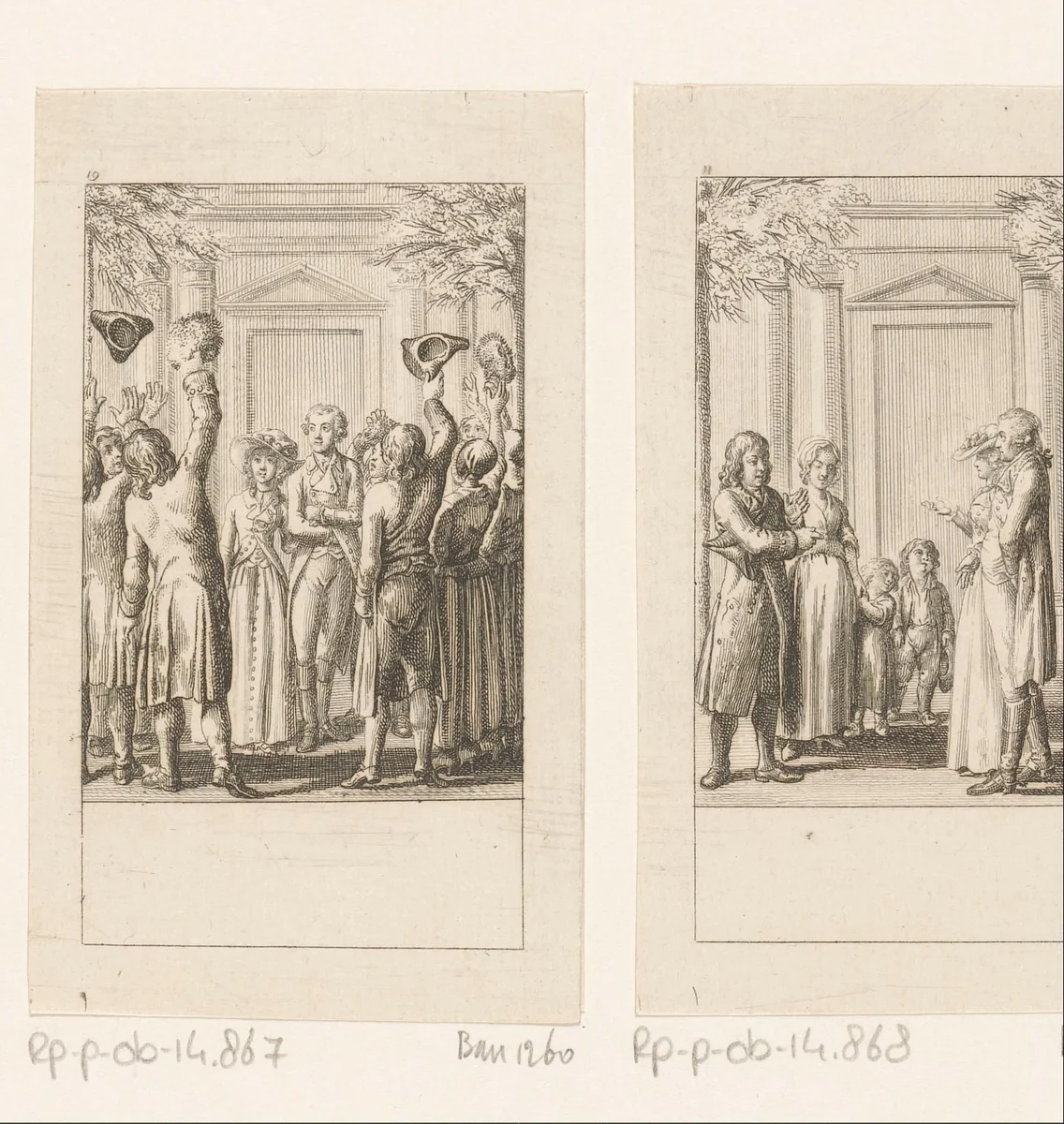 Walstein en Caroline toegejuicht door de bediendes by Daniel Nikolaus Chodowiecki, print, 1786