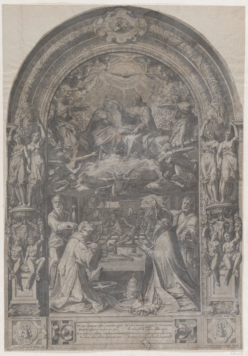 The Coronation of the Virgin with St Lawrence, St Paul, St Peter and St Sixtus by Cornelis Cort, print, 1576