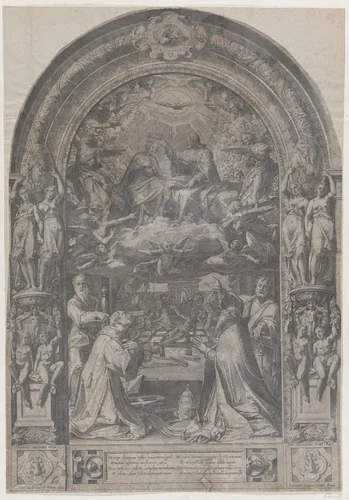 The Coronation of the Virgin with St Lawrence, St Paul, St Peter and St Sixtus by Cornelis Cort, print, 1576