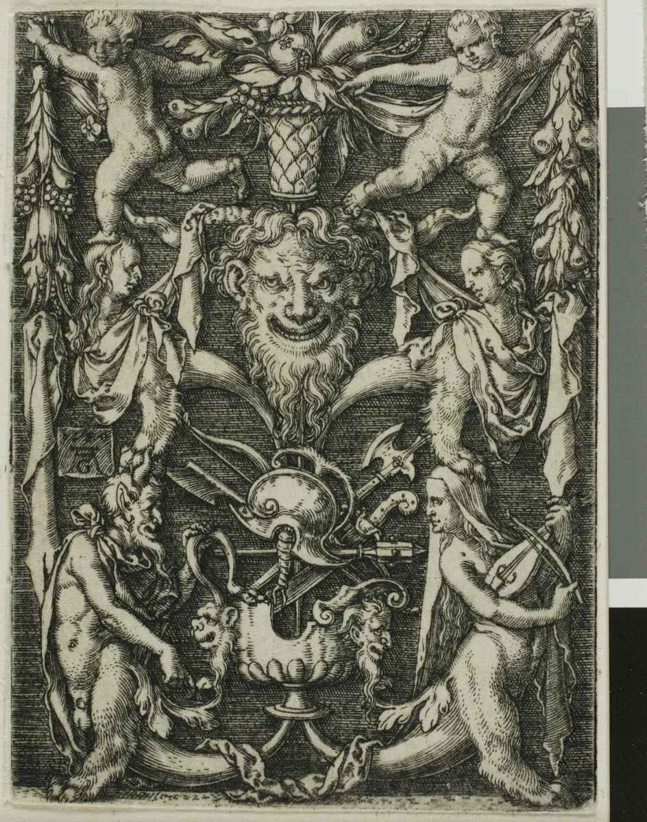 Ornamental Design with a Couple of Satyrs, Children and a Trophy by Heinrich Aldegrever, print, 1550