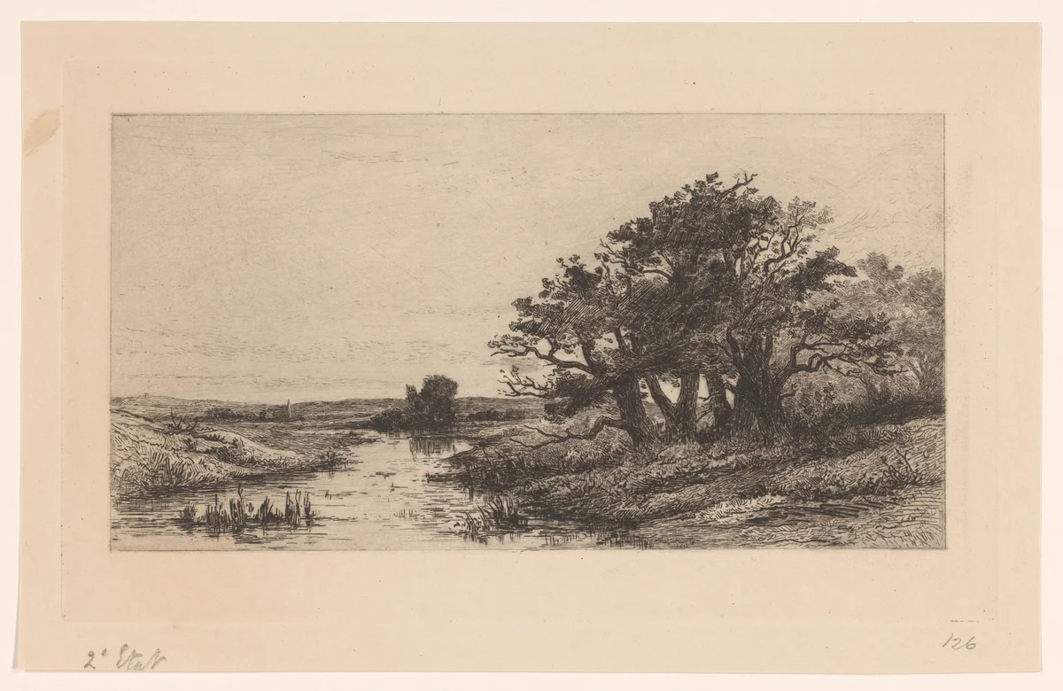 Landschap met eikenbomen bij Wolfheze by Carel Nicolaas Storm van 's-Gravesande, print, 1880
