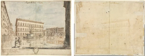 Eighteen Views of Rome: The Piazza Farnese (recto); Cartouche (verso) by Lievin Cruyl, drawing, 1664