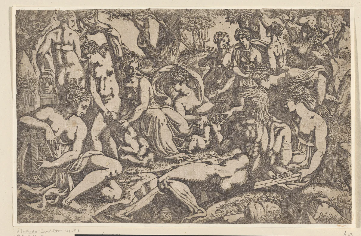 De Muzen aan de voet van de Parnassus by Unknown, print, 1542-1543